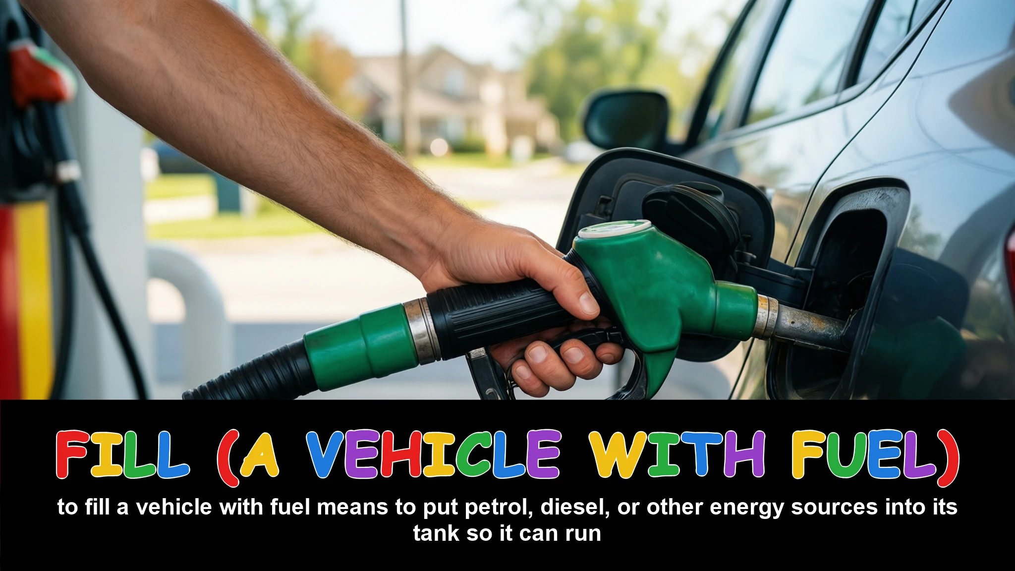 English Illustration for fill (a vehicle with fuel)